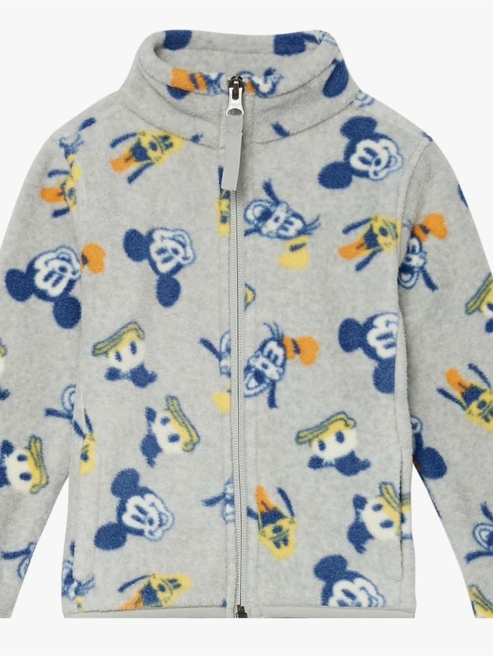 Disney Girls Light Gray Fleece Jacket with Navy & Yellow Mickey Print, Large.